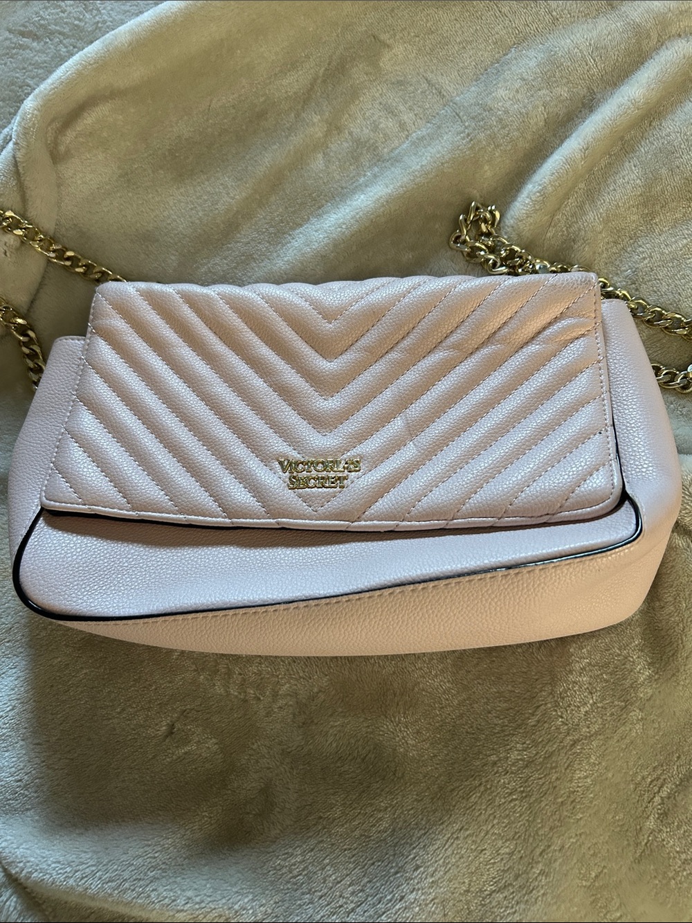 Victoria's Secret Light Pink Quilted Crossbody with Gold Chain